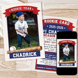 Moderne Baseball Geburtstags-Trading Card Einladung mit Foto, editierbarer Rookie des Jahres, Junge erstes Jahr, Boho druckbare Vorlage, D123