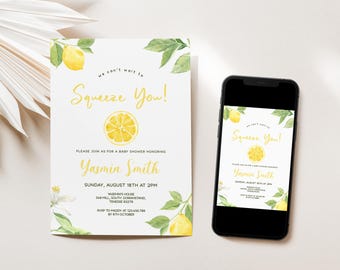 Can't Wait to Squeeze You,Lemon Baby Shower Invitation Yellow Watercolor Citrus Minimalist Editable Template Printable Instant Download,D377