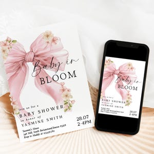 Pink Bow Baby in Bloom Invite, Editable Floral Coquette Baby Girl Shower Invitation Template, Watercolor Minimalist Blush Ribbon Design,D309