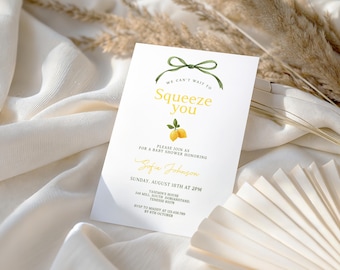 Can't Wait to Squeeze You – Lemon Baby Shower Invitation Gender Neutral Minimalist Citrus Editable Template Printable Instant Download, D378