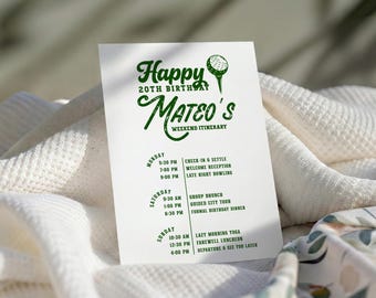 Golf Birthday Itinerary Template,Modern Let's Par-Tee Sport Masters Schedule, Green Minimalist Country Club Birthday Timeline, Editable,D172