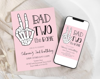 Bad Two the Bone,Pink Skeleton Girl Second Birthday Halloween Spooky Invitation Minimalist Editable Template Printable Instant Download,D279