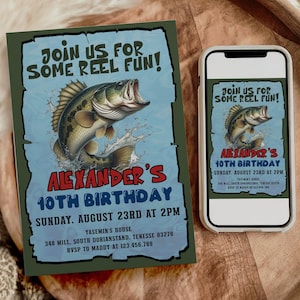 Reel Fun Fishing Birthday Boy Invitation, Blue Editable Template, Bass Party Invite, Gone Fishing, Digital Printable Instant Download, D155