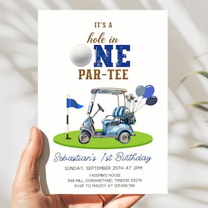 Hole in One Golf 1st Birthday Invitation Boy, Minimalistic Blue Green Par-Tee Invite, Editable Template, First Birthday Party Digital, D170