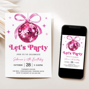 Editable Disco Ball Coquette Birthday Invitation Template, Hot Pink Bow Sprinkle Mirrorball Karaoke Music Dance Party Minimalist, D289