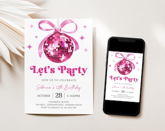 Editable Disco Ball Coquette Birthday Invitation Template, Hot Pink Bow Sprinkle Mirrorball Karaoke Music Dance Party Minimalist, D289