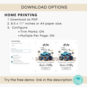 Young Wild and Three Monster Truck Birthday Invitation for boys, featuring blue off-road trucks and Monster Jam theme. Editable template makes it easy to personalize. Perfect digital printable invite for a 3rd birthday party, instant download DIY design for racing fans.
