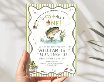 O-Fish-Ally One Reel Fun Boy First Birthday Fishing Party Invitation – Editable Custom Template Printable Instant Download, D371