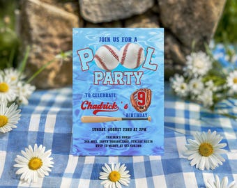 Pool Party Baseball Birthday Invitation for Boy, Blue Summer Water Slide Swim Party, Editable Template, Printable Digital Invite, D129