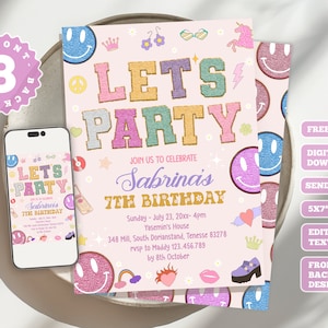 Invitación de cumpleaños de carta de parche universitario, invitación de cumpleaños de fiesta, plantilla groovy preppy Y2k, invitación de cumpleaños de niña, fiesta de parche, D12