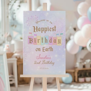 Happiest Birthday on Earth Welcome Sign Poster, Gold Glitter Castle, Modern Magical Kid, Minimalist Pastel Purple Pink Theme Template, D253