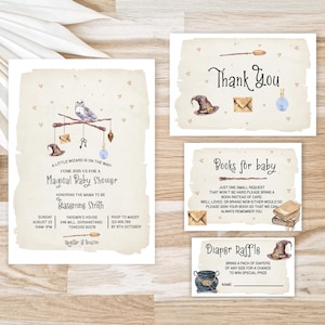 Bundle modifiable d'invitations à une fête de naissance, garçon fille, sorcier vintage, modèle imprimable d'invitation pour le premier anniversaire de sorcier, carte de remerciement, D54