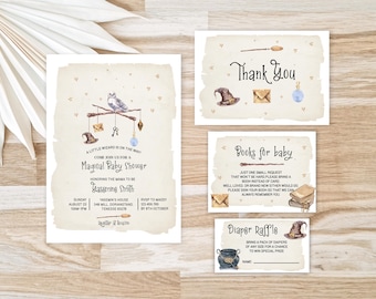 May include: A set of four printable cards for a baby shower with a Harry Potter theme. The cards are beige with brown text and illustrations of owls, wands, and hats. The text on the cards includes "A Little Wizard is on the Way! Come Join Us for a Magical Baby Shower", "Thank You", "Books for Baby", and "Diaper Raffle".