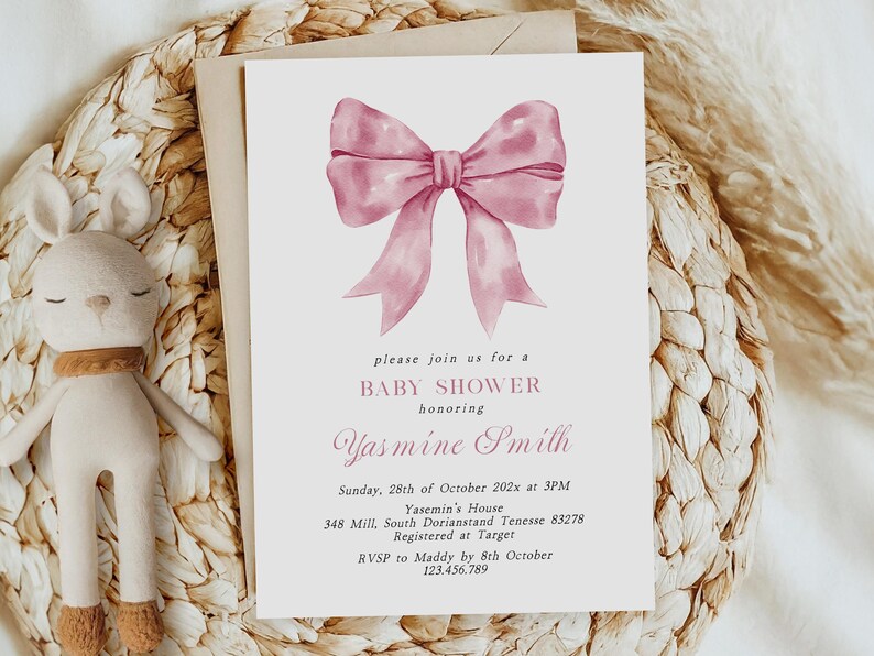Editable Pink Bow Baby Girl Shower Invitation Template, Elegant ...