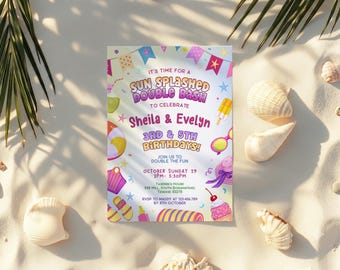 Double Celebration Summer Pool Party Birthday Invitation – Colorful Kids Sibling Joint Editable Template Printable Instant Download, D375