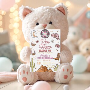 Yee Haw, Saddle Up Pink Cowgirl Birthday Invitation Template, Retro Disco Western Rodeo Party Invites, Editable Printable Any Age, D85