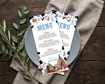 Wild Western Baby Shower Menu Card, Blue Rustic Cowboy Dinner Menu, A Little Cowboy Is On The Way Table Decor, Editable Template, D11
