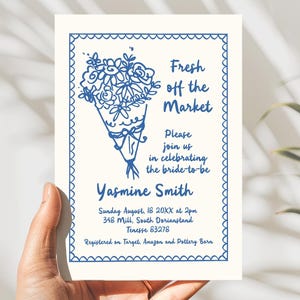 Fresh off the Market Bridal Shower Invitation Template, Blue Minimalist Watercolor Bridal Brunch, Hand Drawn Editable Wedding Invite, D60