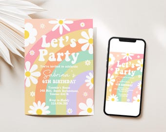 Invito per festa di compleanno con arcobaleno pastello e margherite, Let's Party Groovy, Hippie, Preppy, Retro anni '70, è un'atmosfera, modello digitale modificabile, D220