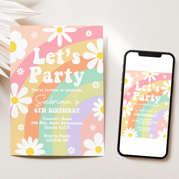 Daisy Pastell Rainbow Geburtstagsfeier Einladung, Let's Party Groovy, Hippie, Preppy, Retro 70er Jahre, ist eine Vibe, bearbeitbare digitale Vorlage, D220