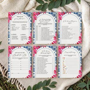 May include: Six bridal shower game cards with a white background, blue and white patterned borders, and pink floral details. Each card has a different game title and prompts for guests to fill in.