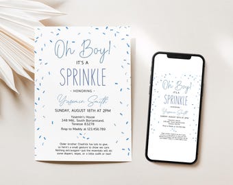 Invitación editable para baby shower de niño con chispas azules, minimalista Oh Boy It's Sprinkle, plantilla moderna personalizada para imprimir, D260