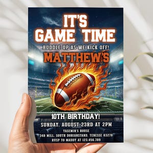 It's Game Time Football Birthday Invite, Boy Red Blue Fiery Editable Template, Printable Sports Party, Neon Digital Instant Download, D149