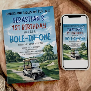 Hole In One First Birthday Invitation Boy, Birdies and Eagles are Fun Turning  One, Modern Watercolor Golf Invite, Editable Template, D164