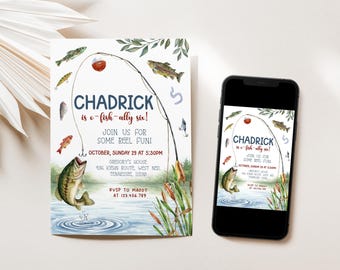 O-Fish-Ally Gone Fishing Reel Fun Boy First Birthday Bass Watercolor Invitation – Editable Custom Template Printable Instant Download, D369
