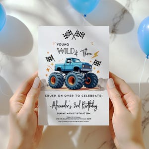 Young Wild and Three Monster Truck Birthday Invitation for boys, featuring blue off-road trucks and Monster Jam theme. Editable template makes it easy to personalize. Perfect digital printable invite for a 3rd birthday party, instant download DIY design for racing fans.