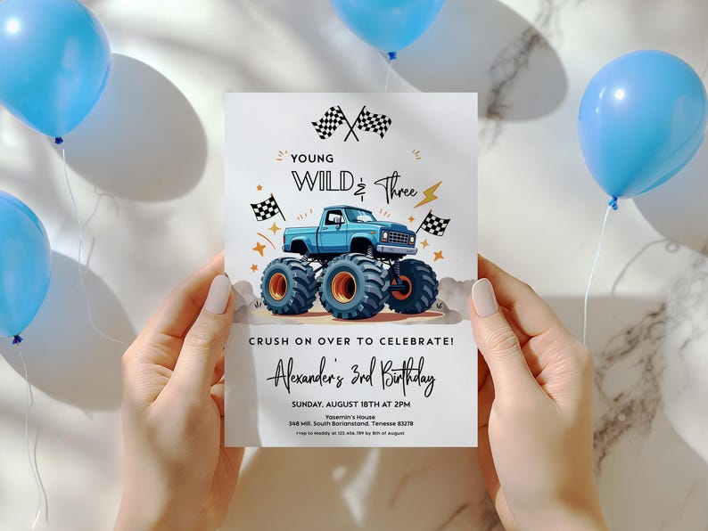 Young Wild and Three Monster Truck Birthday Invitation for boys, featuring blue off-road trucks and Monster Jam theme. Editable template makes it easy to personalize. Perfect digital printable invite for a 3rd birthday party, instant download DIY design for racing fans.