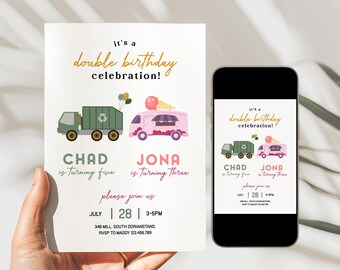 Double Birthday Celebration Invitation, Dump & Ice Cream Truck Theme, Minimalist Editable Template, Boy Girl Party, Instant Download, D364