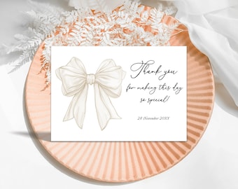Tarjeta de agradecimiento para despedida de soltera con lazo editable, invitación a la fiesta "She's Tying the Knot", lazo blanco elegante, coqueta minimalista, plantilla imprimible, D56