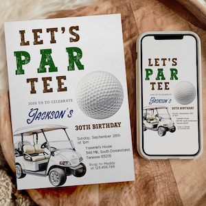 Plantilla de invitación de cumpleaños de golf "Let's Par-tee", carrito de golf minimalista verde, editable, descarga digital instantánea e imprimible, D168