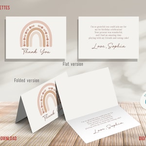 Pastell Boho Blush Regenbogen Danke-Karten-Vorlage Erstes Jahr Geburtstag, Neutrale Postkarte 1st Bday, Flach gefaltet Hinweis Boho Regenbogen Thema, D01
