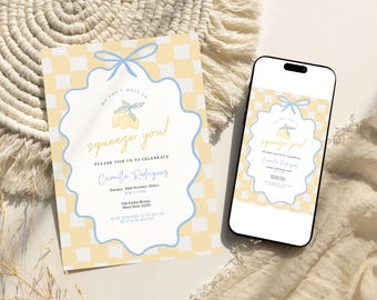 Can't Wait to Squeeze You,Lemon Baby Shower Invitation Yellow Checkered Citrus Hand Drawn Editable Template Printable Instant Download, D379