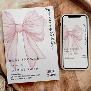 Moderne rosa Schleifen-Babyparty, Vintage rosa Koketteinladung, minimalistische weiche Pastellstaub erröten rosa Schleifen-bearbeitbare Vorlage, D263