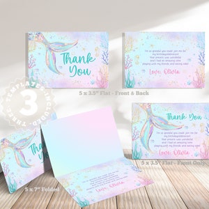 Plantilla imprimible de tarjeta de agradecimiento de sirena editable, fiesta de niñas, fiesta de sirena, bajo el mar, cola de sirena rosa oro azul púrpura, D14