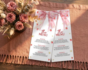 Berry Sweet Baby Shower Menu Card, Strawberry Pink Bow Coquette Ribbon Table Decor, Girl Baby Sprinkle Dinner Menu, Editable Template, D337