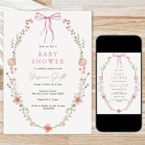 Looking for a sophisticated Pink Bow Baby Shower Invitation Template? This editable coquette girl baby shower invite features a dusty blush pink ribbon and minimalist hand-drawn floral accents. Perfect for a French Chinoiserie or Toile themed sprinkle. This high-quality digital download is easy to customize for a timeless, elegant baby girl celebration. Buy now for a printable or mobile-friendly invitation that fits the trendy coquette aesthetic and minimalist wildflower style.