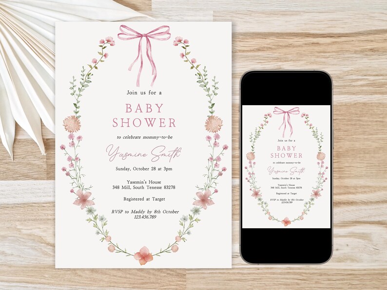Looking for a sophisticated Pink Bow Baby Shower Invitation Template? This editable coquette girl baby shower invite features a dusty blush pink ribbon and minimalist hand-drawn floral accents. Perfect for a French Chinoiserie or Toile themed sprinkle. This high-quality digital download is easy to customize for a timeless, elegant baby girl celebration. Buy now for a printable or mobile-friendly invitation that fits the trendy coquette aesthetic and minimalist wildflower style.