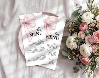 Modern Pink Bow Baby Shower Menu Card, Minimalist Soft Pastel Dusty Blush Pink Coquette Table Decor,Editable Template, Printable Design,D263