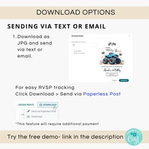Young Wild and Three Monster Truck Birthday Invitation for boys, featuring blue off-road trucks and Monster Jam theme. Editable template makes it easy to personalize. Perfect digital printable invite for a 3rd birthday party, instant download DIY design for racing fans.