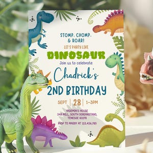 Cute Blue Dinosaur Green Invitation, Minimalist Baby Boy Birthday, Modern Kid Jurassic Wild Safari, Jungle Animals, 3rd 4th 5th 6th, D187