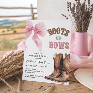 Stiefel oder Bögen Geschlecht offenbaren Einladung, Cowgirl Cowboy Coquette Band Bogen Thema, rosa braun rustikale westliche bearbeitbare Vorlage einladen, D336