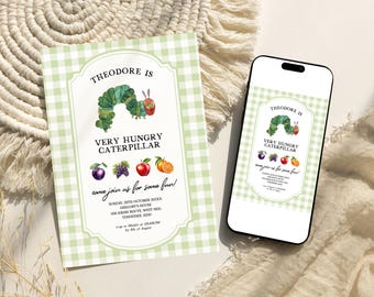 ONE Very Hungry Caterpillar First Birthday Invitation,Green Gingham Kid Book Party Editable Template Digital Printable Instant Download,D382