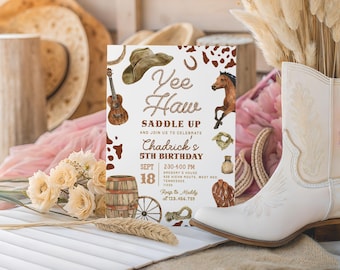 Invitación de cumpleaños con temática vaquera "Yee Haw", invitación marrón para fiesta de rodeo del oeste para niños, tema "Saddle Up", plantilla editable, imprimible, descarga instantánea, D86