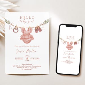 Pink Bow Baby in Bloom Invite, Editable Floral Coquette Baby Girl Shower Invitation Template, Watercolor Minimalist Blush Ribbon Design,D308