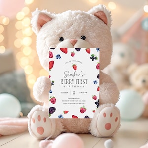 Editable Berry First 1st Birthday Invitation Template, Strawberry Blueberry Raspberry, Farmers Market Berry Picking, Instant Download, D195