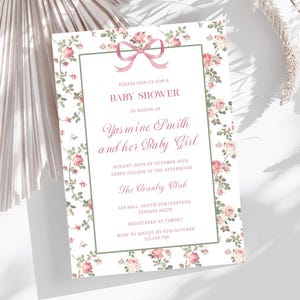 Editable Pink Bow Baby Girl Shower Invitation, Grandmillennial Invite Template, Floral Vines, Watercolor Elegant Coquette Shower, D18